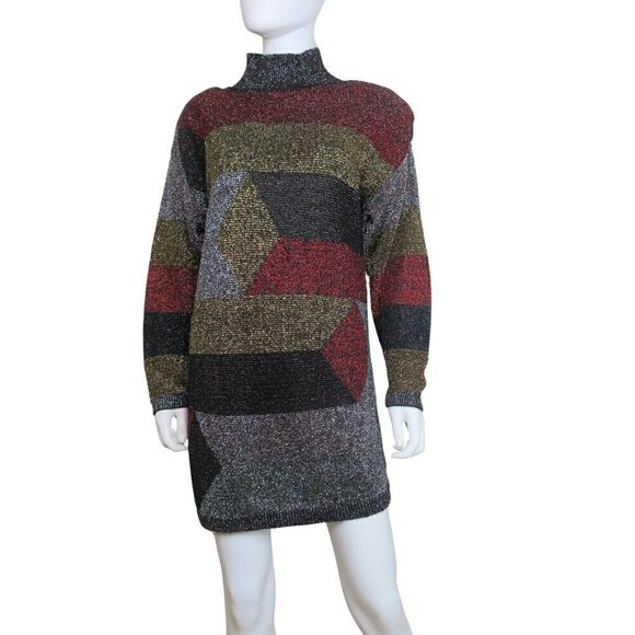 Beldoch Popper Abstract Metallic Mini Sweater Dress 90s Y2K Women's Medium - Picture 2 of 5